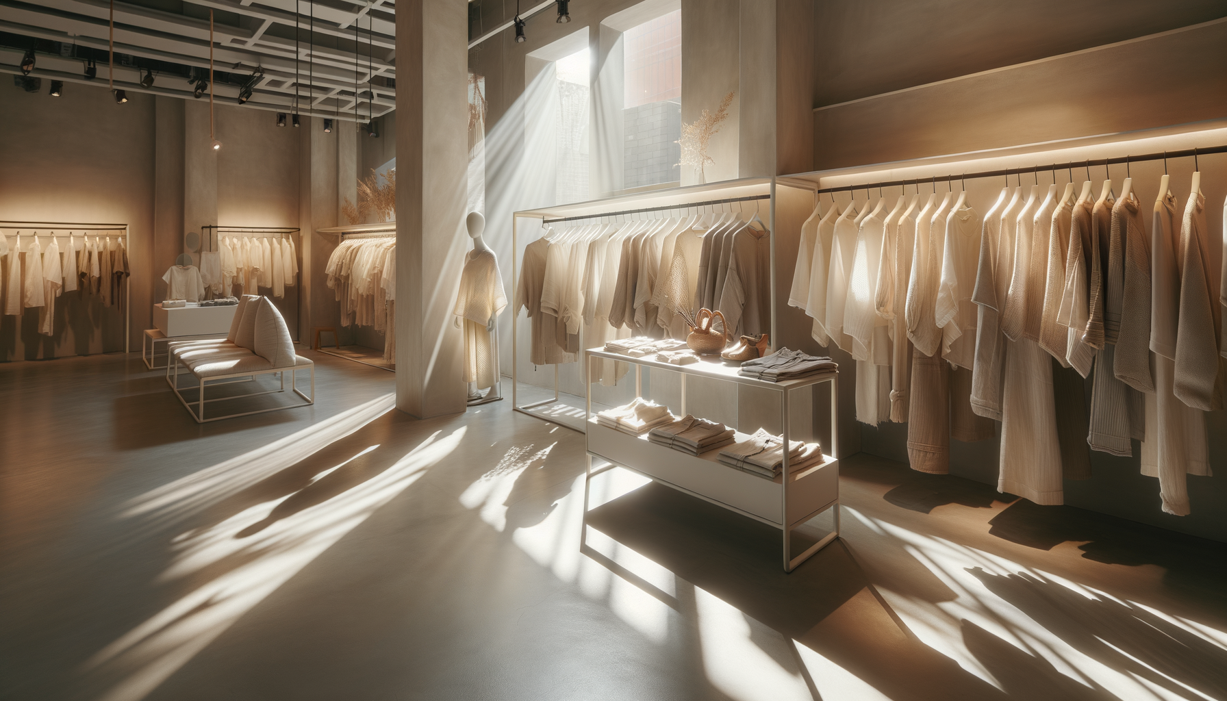 minimalist boutique interior with sunlight, soft shadows, and modern clothing on display